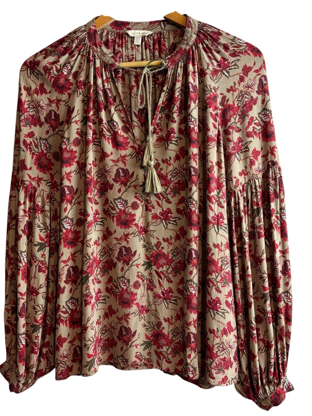 Lucky brand floral print peasant blouse top boho tassel size M